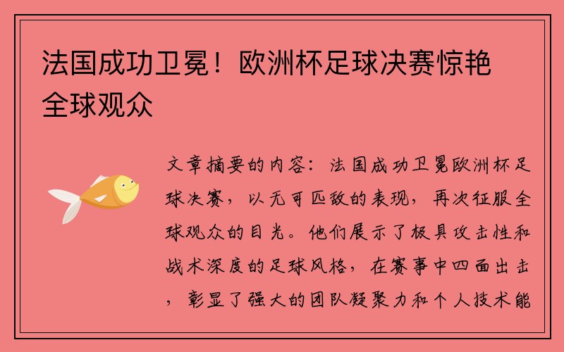 法国成功卫冕！欧洲杯足球决赛惊艳全球观众