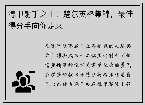 德甲射手之王！楚尔英格集锦，最佳得分手向你走来